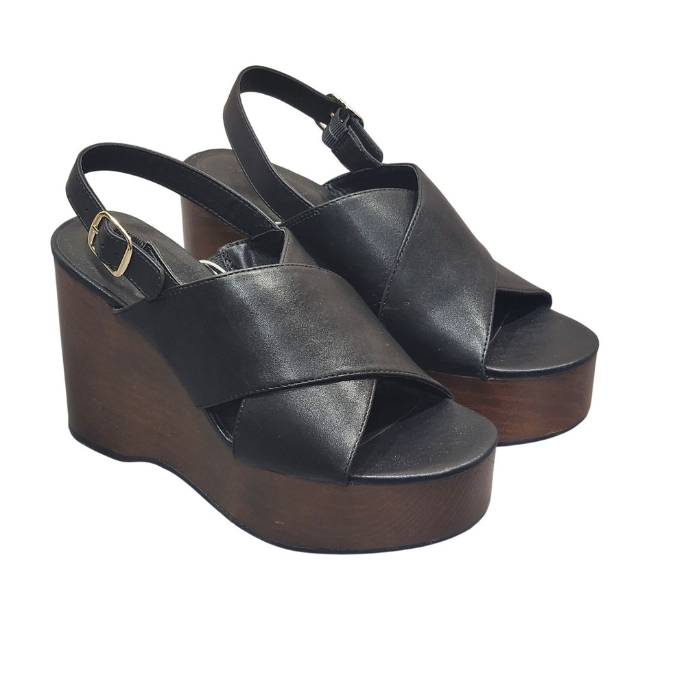 Universal Thread Naomi‎ Wood Wedge Heels Sandals Memory Foam Insoles Black